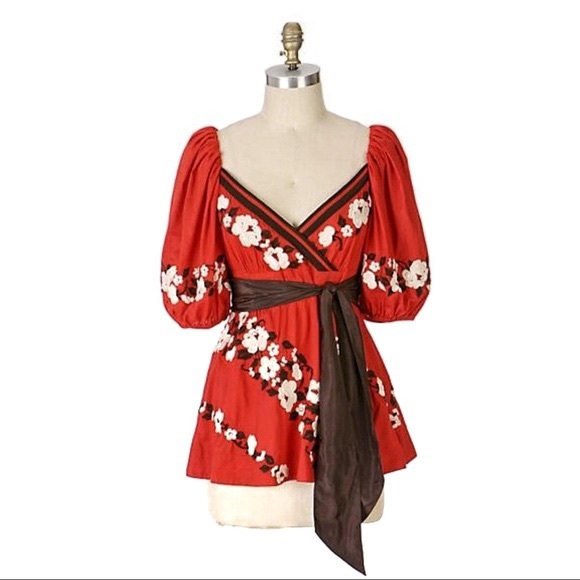 Anthropologie red floral puff sleeve blouse - Picture 2 of 13